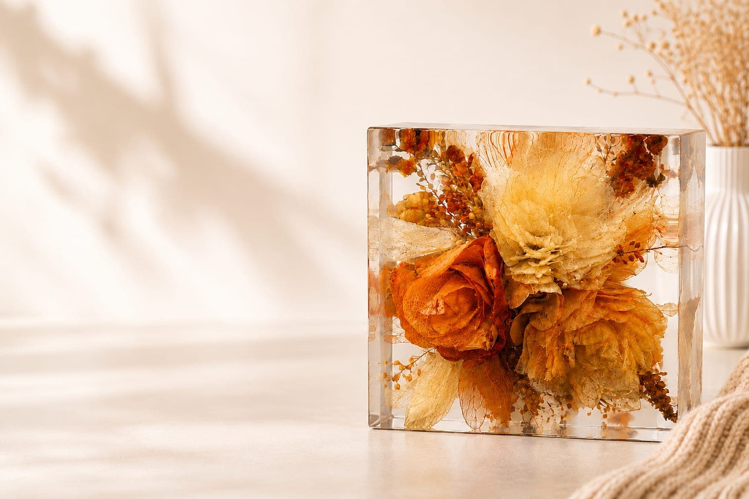 Peça em resina com flores preservadas de buquê de casamento